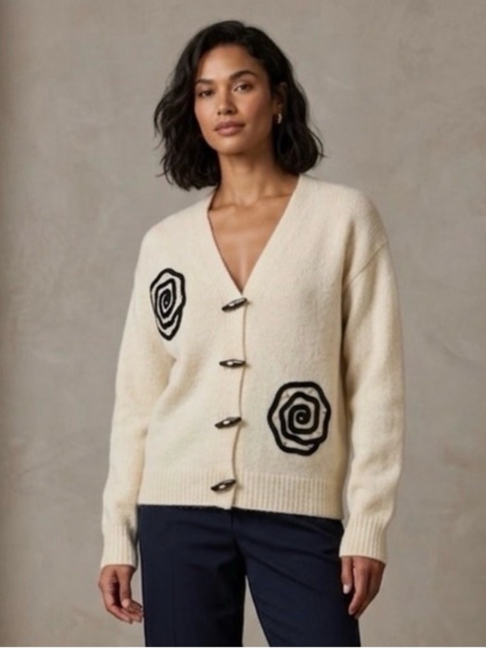 Christina 100% Cashmere Cream Cardigan with Black Spiral Accents
